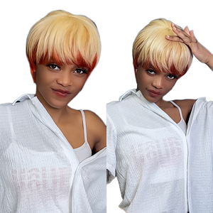 Pelucas <span class=keywords><strong>de</strong></span> Cabello Humano <span class=keywords><strong>Rubio</strong></span> al por Mayor con Flequillo, Cabello Virgen Vietnamita Crudo, Corte Pixie Bob Corto, Peluca sin Pegamento Hecha a Máquina - Product Image 1
