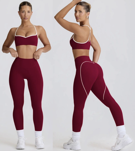 Ensemble de yoga 2 pièces effet seconde peau respirant avec soutien-gorge et <span class=keywords><strong>pantalon</strong></span> sans couture rehausseur de hanches, motif uni infroissable - Product Image 3