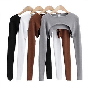 T-shirt décontracté pour femme à manches longues, tricoté, respirant, coupe ajustée, couleur unie, nouvelle tendance, vêtement d'extérieur pour le printemps - Product Image 2