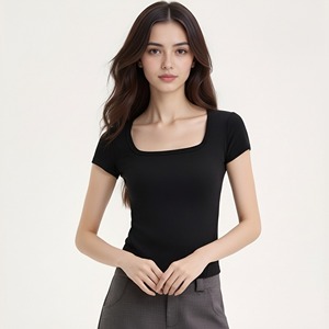 Camiseta de cuello cuadrado para mujer, novedad primavera-verano, <span class=keywords><strong>con</strong></span> almohadillas incorporadas en el pecho, cuello en U grande, hombros en ángulo recto, top básico de manga corta - Product Image 4