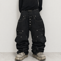 Pantalon en jean noir épais de qualité supérieure DiZNEW pour hommes, double couche, détail de la taille, multi-clouté, coupe ample, logo personnalisé, fabrication en usine