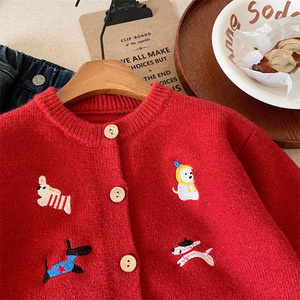 Tongxingyuan Children's Knitted Cardigan Red Embroidered Puppy Winter Sweater For Boys And Girls Size 2-8 Years - Product Image 4