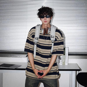 Summer <b>Beaded</b> Color Block Striped Short Sleeveless Men's <b>Loose</b> Cotton Workwear Style Contrast Trim Casual T-Shirt - Product Image 1