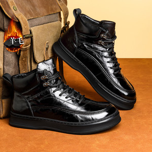 Bottes de neige montantes en cuir pour hommes, doublées de laine noire, semelle épaisse, à lacets, chaudes pour l'hiver, résistantes à l'usure, antidérapantes, chaussures d'extérieur - Product Image 1