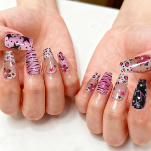 30 Uñas Postizas Acrílicas Cuadradas Medianas, Decoradas con Perlas 3D, Diseño Y2K de Estrella de Cinco Puntas, Rayas de Zebra y Flores, Acabado Brillante - Product Image 2