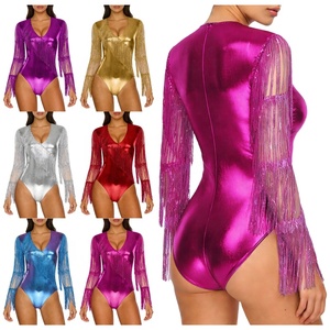 Justaucorps de danse latine à manches longues, col en V profond, franges métalliques et strass, pour la salsa, le tango, la samba, la compétition et la performance - Product Image 1