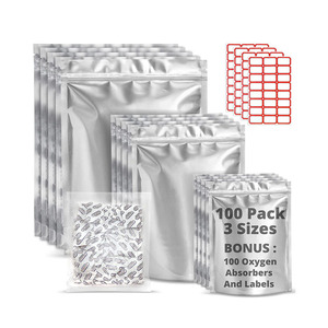 100 Mylar Bags for Food Storage With Oxygen Absorbers 300cc - 1 Gallon 4 Mil 10"x14", 6"x9", 4"x6" - Resealable Bags for Packing