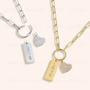 925 Sterling Silver 14K 18K Gold Plated Vermeil Diamond Paved Heart Rectangle Engraving Pendant Necklace Love Gift Jewelry