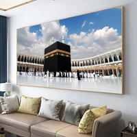 Impression sur toile : Art religieux islamique moderne, Paysage de mosquée de la Mecque, Scène du Dernier Jour du Hajj, Ornement décoratif étanche