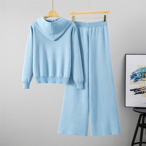 Ensemble de vêtements de détente en tricot doux pour femmes, sweat à capuche brodé et <span class=keywords><strong>pantalon</strong></span> large, tenue deux pièces - Product Image 2