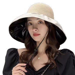 Sombrero de protección solar de verano para mujer, diseño de lazo de ala ancha, protección UV, sombrero plegable, tela de poliéster de color sólido - Product Image 5