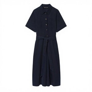 Turn Down Collar Button Up Short Sleeve Solid <b>Navy</b> Midi Shirt Dress With <b>Tie</b> Waist Casual Woven Cotton Dress For Women - Product Image 3