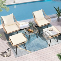Ensemble de table et chaises en rotin et métal durable, moderne et contemporain, 5 pièces, avec 2 chaises, 2 repose-pieds, 1 table pour usage extérieur
