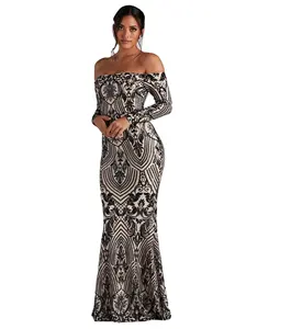 ZIYA A11S275 New Elegant Sexy One Line Collar Sequin Mermaid Maxi Dress For Woman