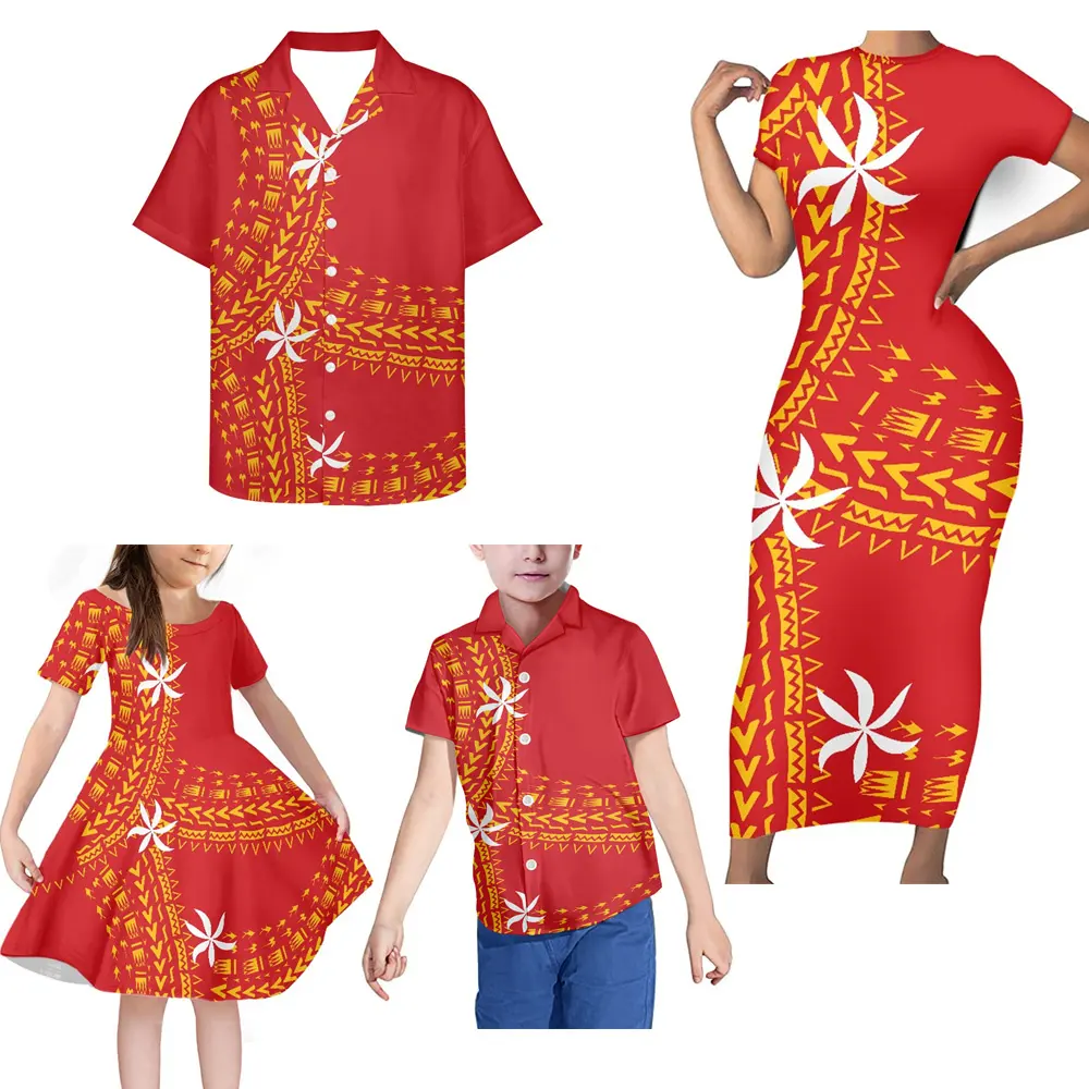Rouge Samoan Fidji Conception Famille Set Vêtements 4 Pcs D'été Femmes Robe Fille Et Garçons Vêtements Ensembles Logo Personnalisé Famille En Tissu Assortis