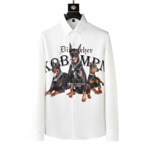 Camicia bianca a maniche lunghe da uomo con stampa audace di Doberman, design con <span class=keywords><strong>testo</strong></span>, dichiarazione di stile, tessuto antipiega e senza bisogno di stiratura. - Product Image 2