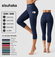 Leggings Capri Taille Haute Femme Bleu Marine avec Poches, Mat, Extensible, Respirant, Séchage Rapide, Idéal Fitness, Gym, Course, Yoga, Été