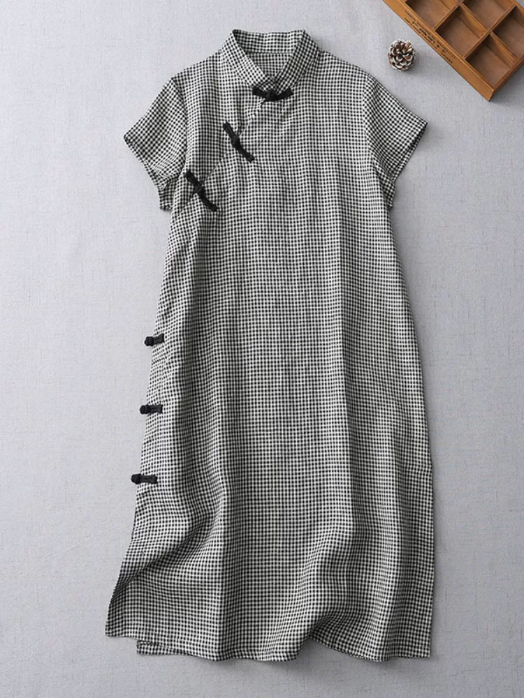 knee length dresses for ladies Modernized Chinese Dress with A Loose Fit V-Neck and Silk-Linen Blue / XXL