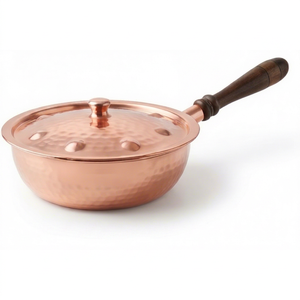 Copper Sauce <b>Pan</b> With Lid Handmade Hammered Finish With Wood <b>Handle</b> Vintage Style For Gas Use And Induction Stoves Use - Product Image 1