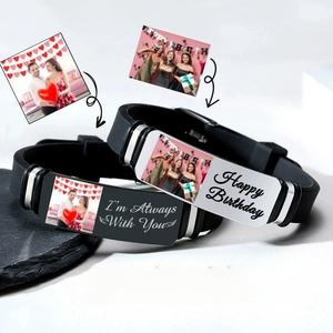 Adjustable <b>Stainless</b> <b>Steel</b> Silicone Wristband Engraved Picture Name Tex <b>Men</b> Women Personalized Photo Bracelet - Product Image 2