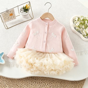 Set Due Pezzi Stile Principessa Autunno Inverno, Cardigan in Maglia con Fiocco e <span class=keywords><strong>Gonna</strong></span> Tutu in <span class=keywords><strong>Tulle</strong></span> per Bambine, Abbigliamento Quotidiano - Product Image 3