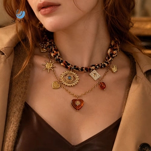 Collar de tela con estampado de leopardo vintage SUMMLY, chapado en oro de 18 quilates, con dijes de ojo turco y corona, joyería de moda para mujer - Product Image 1