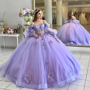 Off-Shoulder Floral Puff Sleeve Ball Gown Dress Empire Waist Organza Evening Dress For Birthday Party Adult - Product Image 1