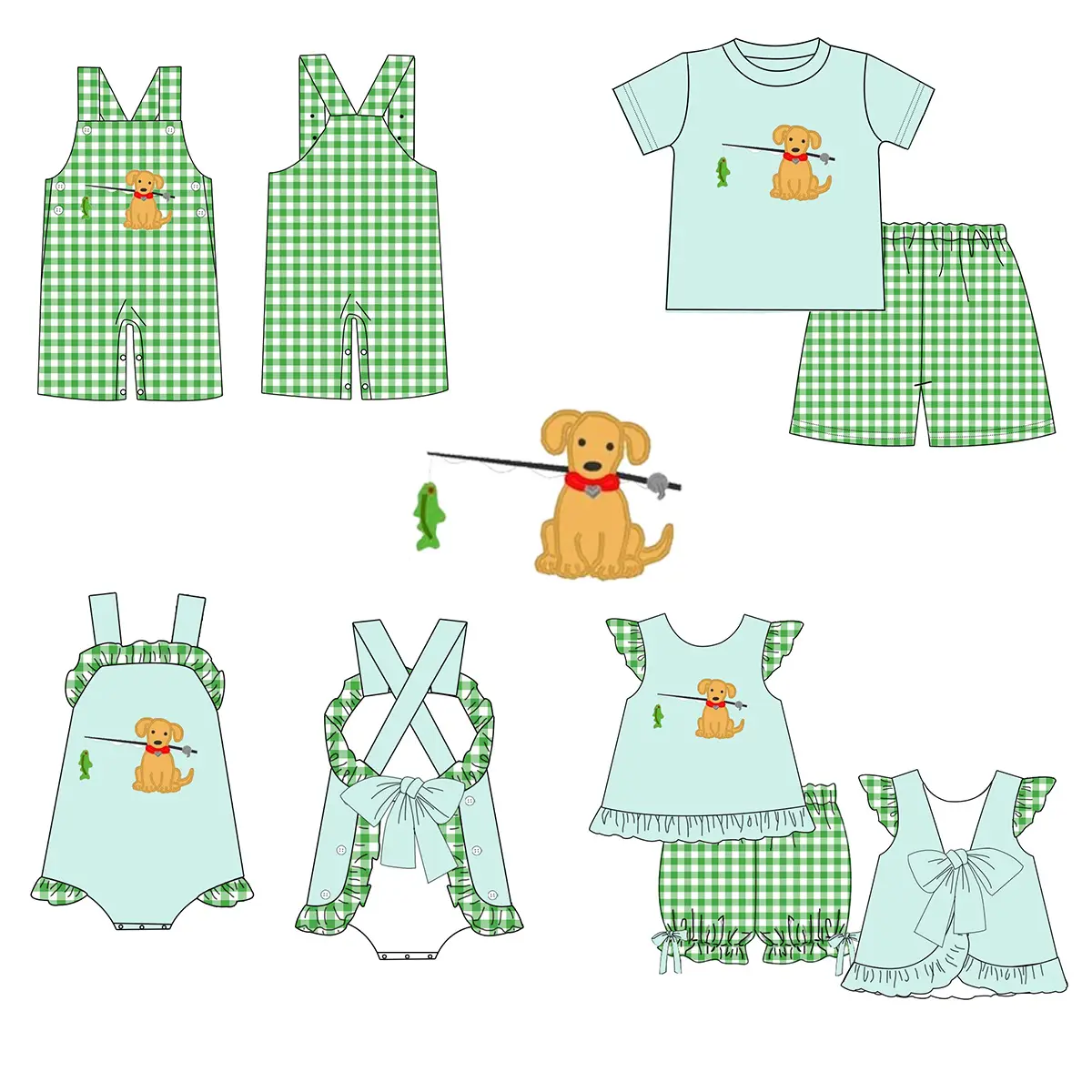 Online customization summer kids clothing newborn dog and fish applique jumpsuits rompers baby boys' rompers