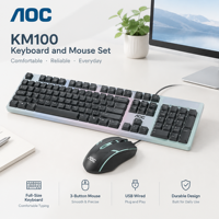 Clavier et souris de jeu filaires AOC KM100 Noir 104 touches USB Souris rétroéclairée 800 DPI pour PC Ordinateur portable Bureau En stock