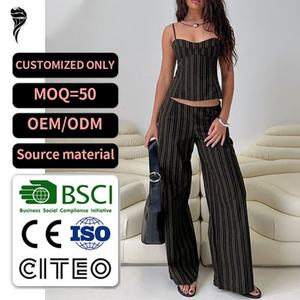 Conjunto de Corsé a Rayas Vintage Personalizado de Alta Calidad para Mujer, Top sin Mangas y Pantalones Anchos de Cintura Alta con Corte Holgado - Product Image 1