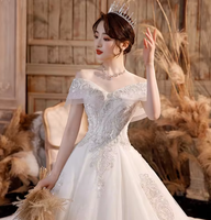 NDB10352 Robe de mariée principale lourde, entièrement faite à la main, nouvelle, à traîne, épaules dénudées, style féminin, élégante, de conte de fées, étoilée