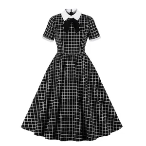 Short Sleeve Vintage Plaid Cotton Dress Vintage Tunic Rockabilly Black Gingham Spring Rockabilly Swing Midi Dresses For Party