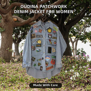 OUDINA Vintage Eco-Friendly Breathable Casual Denim Jacket for Ladies with Contrast Color and Regular Fit - Product Image 2
