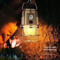 Lampe de camping rétro d'extérieur la plus vendue, à intensité variable en continu, LED haute luminosité, double lumière jaune-blanc, horloge intégrée, portable en ABS