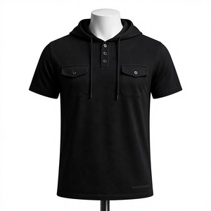 Custom Short Sleeve Hooded Knitted <b>T</b> <b>Shirt</b> Mens Casual Button Flap <b>Pocket</b> Plain Breathable Cotton Pullover Top - Product Image 1
