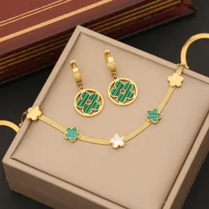 New High Quality Stainless Steel Necklace Design Jewelry for Women 18k Gold Plated Green Flower Necklace Earrings Bracelet Sets