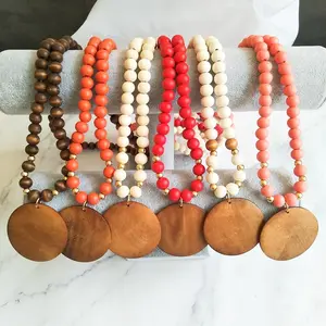Custom Alphabet Wooden Solid Color Bead Necklace Multicolor Blank Disc Pendent Long Wood Necklaces