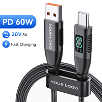 Penjualan Panas Kabel OEM Adapter ke Type C Nylon Braided 480mbps Pengisian Cepat Layar LED 60w untuk Ponsel Kabel USB Grosir