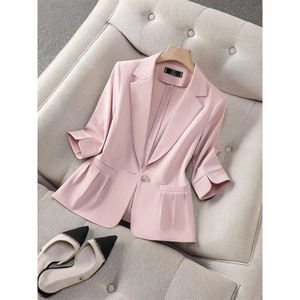 Pink Women's Three Quarter Sleeve Blazer <b>Jacket</b> With Label Anti Wrinkle For Commute Spring <b>Summer</b> Autumn - Product Image 1