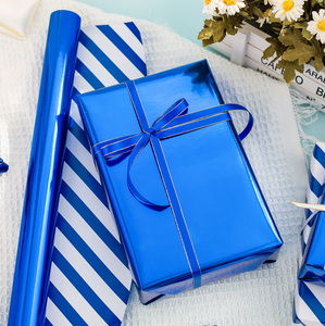 Reversible Royal <b>Blue</b> Wrapping <b>Paper</b> <b>Roll</b> - 17 In X 32.8 Ft(46.5 sq.ft.) Metallic <b>Blue</b> and Stripe Design Gift Wrap - Product Image 1
