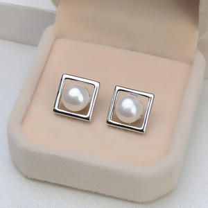 Boucles d'oreilles carrées en argent S925 avec 8-13 perles, accessoires faits main DIY JG5178, plateau de pierres principales en forme de diamant, rubis, lune - Product Image 1