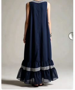 Nuevo <span class=keywords><strong>Vestido</strong></span> Maxi <span class=keywords><strong>Azul</strong></span> <span class=keywords><strong>Marino</strong></span> sin Mangas para Mujer con Ribete <span class=keywords><strong>de</strong></span> <span class=keywords><strong>Rayas</strong></span> Blancas, Cuello en V, Dobladillo con Volantes en Capas, Ajuste Holgado Informal, <span class=keywords><strong>Vestido</strong></span> <span class=keywords><strong>de</strong></span> Playa - Product Image 2