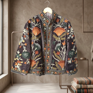 Wholesale Factory Custom <b>Women</b> Heavy Thread Embroidery Charcoal <b>Velvet</b> Jacket Casual Open Front Stand Collar Short <b>Coat</b> OEM - Product Image 1