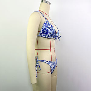 Set Bikini Segitiga Motif Bunga Wanita, Pakaian Renang Dua Potong dengan Tali Samping dan Potongan Tinggi, Pakaian Renang Tanpa Punggung dengan Tali, Baju Renang Pantai - Product Image 5