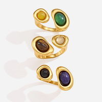Cincin Wanita Model Terbuka Dapat Disesuaikan, Berbahan Baja Anti Karat Lapis Emas PVD 18K dengan Batu Alam, Perhiasan Jari, Grosir