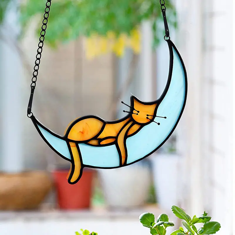 Gato lua acrílico Suncatcher Vidro colorido Janela Parede pendurado ornamento vidro pintado sol catcher