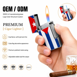 Encendedor de Cigarros Metálico de Lujo OEM ODM, Llama Suave, Antorcha de Doble Fuego, Diseño de <span class=keywords><strong>Bandera</strong></span> de Cuba, Compatible con Logotipo Personalizado, Pedidos al por Mayor, Combustible Butano - Product Image 1
