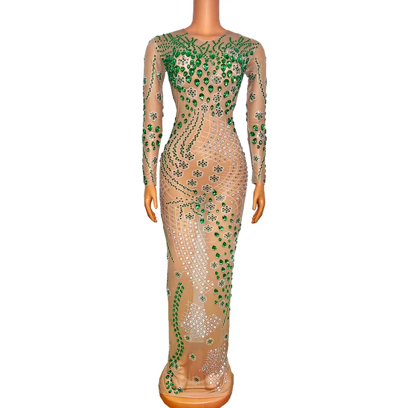 新しいデザイングリーンラインストーンストレッチ透明ロングドレスイブニングバースデー祝うメッシュ衣装ダンスパフォーマンスドレス
