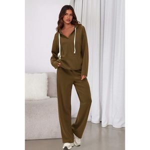 Conjunto Deportivo de 2 Piezas para Mujer, Sudadera Holgada con Cuello en V, Pantalones Deportivos Anchos de Felpa, Conjunto Informal para Otoño - Product Image 3