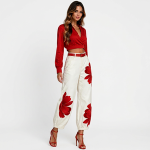 Women Red V Neck Long Sleeve Crop <b>Top</b> <b>White</b> Floral Pants 2 Piece <b>Set</b> - Product Image 1